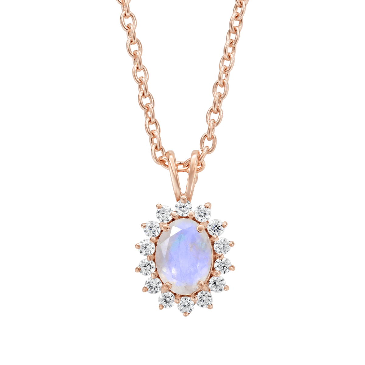 Rose Gold Rainbow Moonstone & Diamond Vintage Fleur Pendant