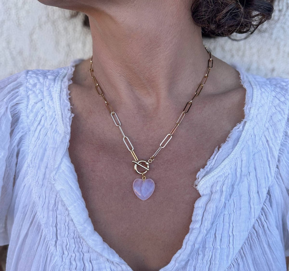Roxy Chain Toggle Clasp Heart Necklace: Rose Quartz