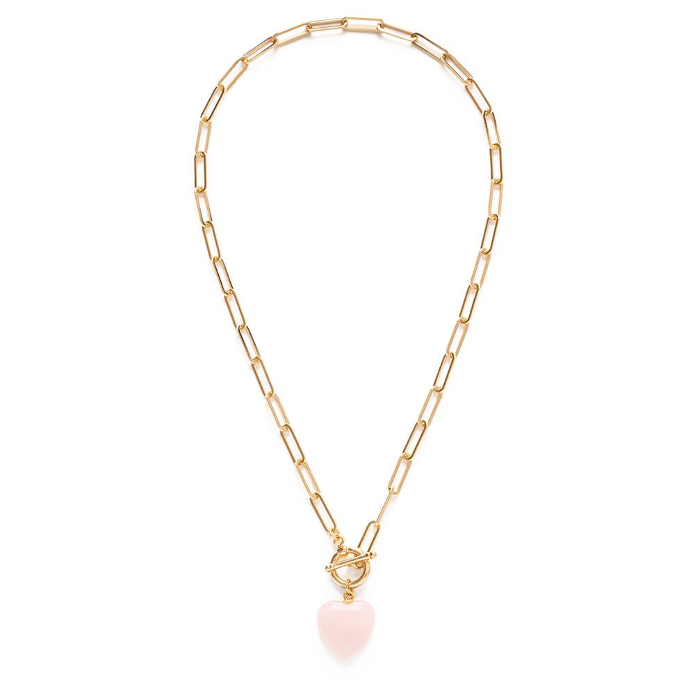 Roxy Chain Toggle Clasp Heart Necklace: Rose Quartz