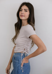 Ruched Ribbed Crop Tee Oatmeal