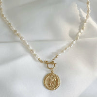 Saint Christopher Toggle Pearl Necklace Gold Filled