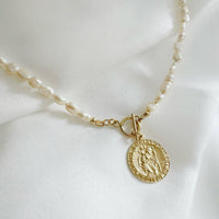 Saint Christopher Toggle Pearl Necklace Gold Filled