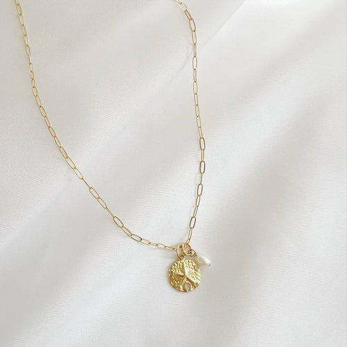 Sandy Pearl Beach Sand Dollar Charm Necklace Gold Filled