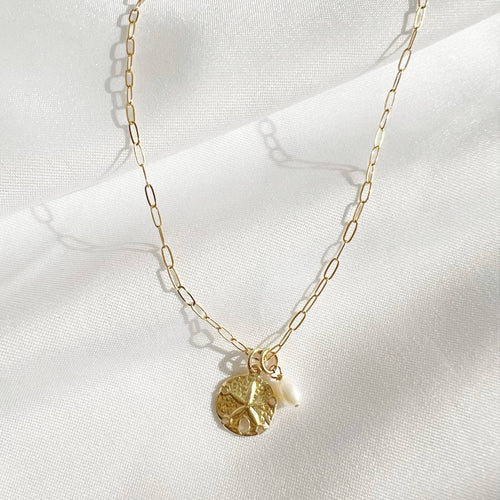 Sandy Pearl Beach Sand Dollar Charm Necklace Gold Filled