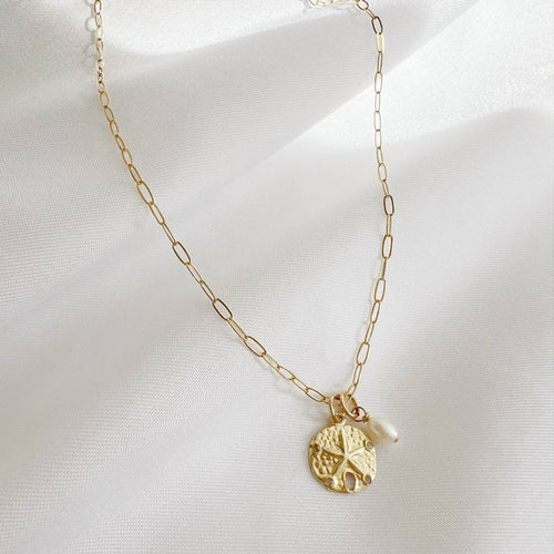 Sandy Pearl Beach Sand Dollar Charm Necklace Gold Filled