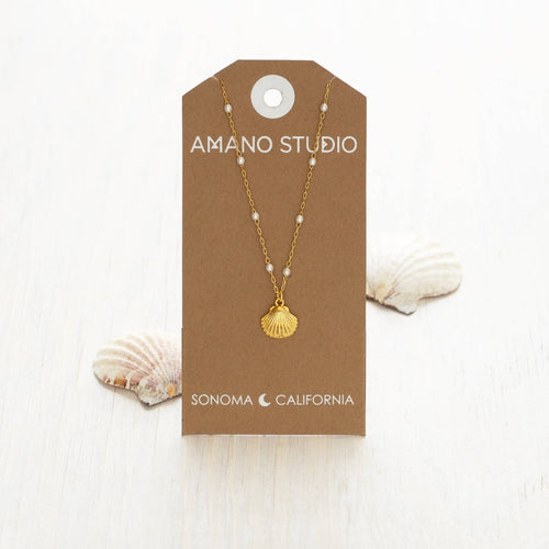 Scallop Shell and Pearl Station Chain Necklace