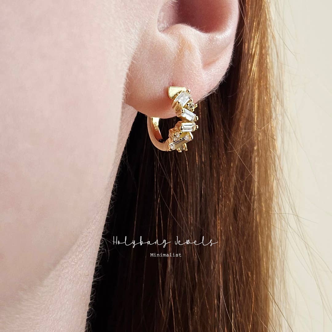 Silver Baguette Huggie Earrings