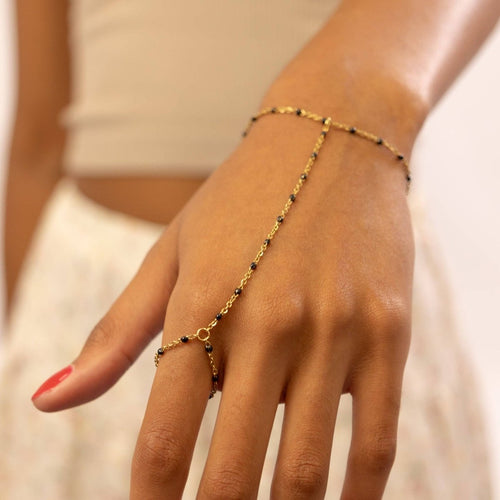 Silver Black Beaded Hand Chain by WJW