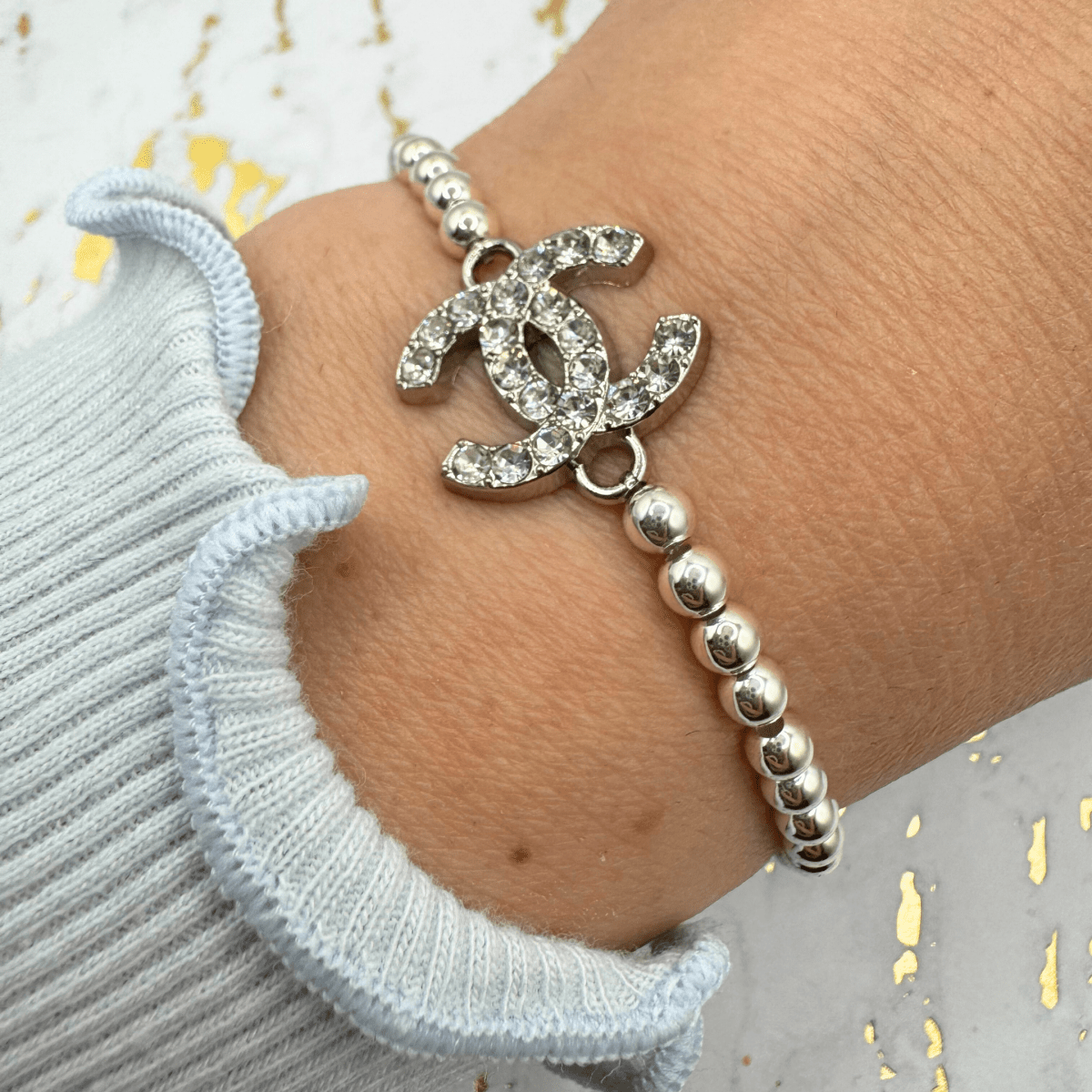 Silver Crystal and 4mm Sterling Silver Beaded Bracelet