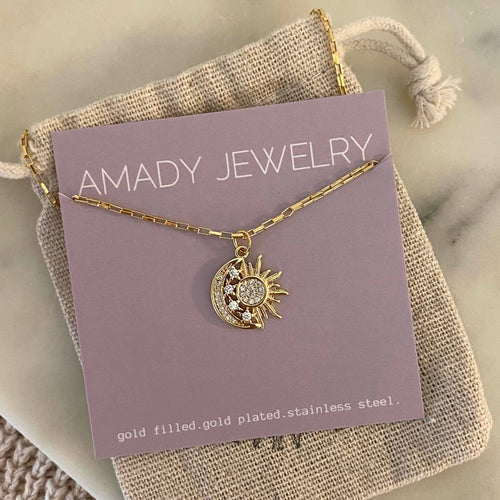 Sun Moon Stars Pendant Charm Necklace 18k Gold Filled