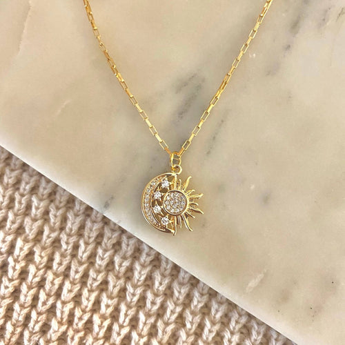Sun Moon Stars Pendant Charm Necklace 18k Gold Filled