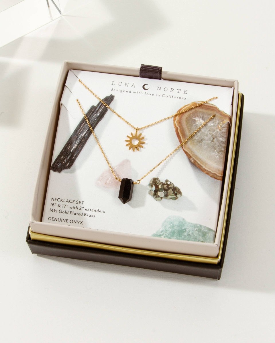 Sun Salutation Necklace Set Onyx 14k Gold Plated Brass