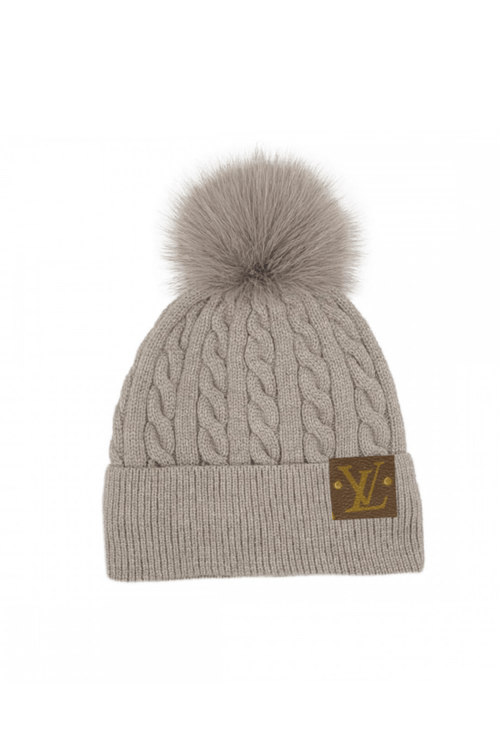 Taupe Upcycled LV Cable Knit Pom Beanie