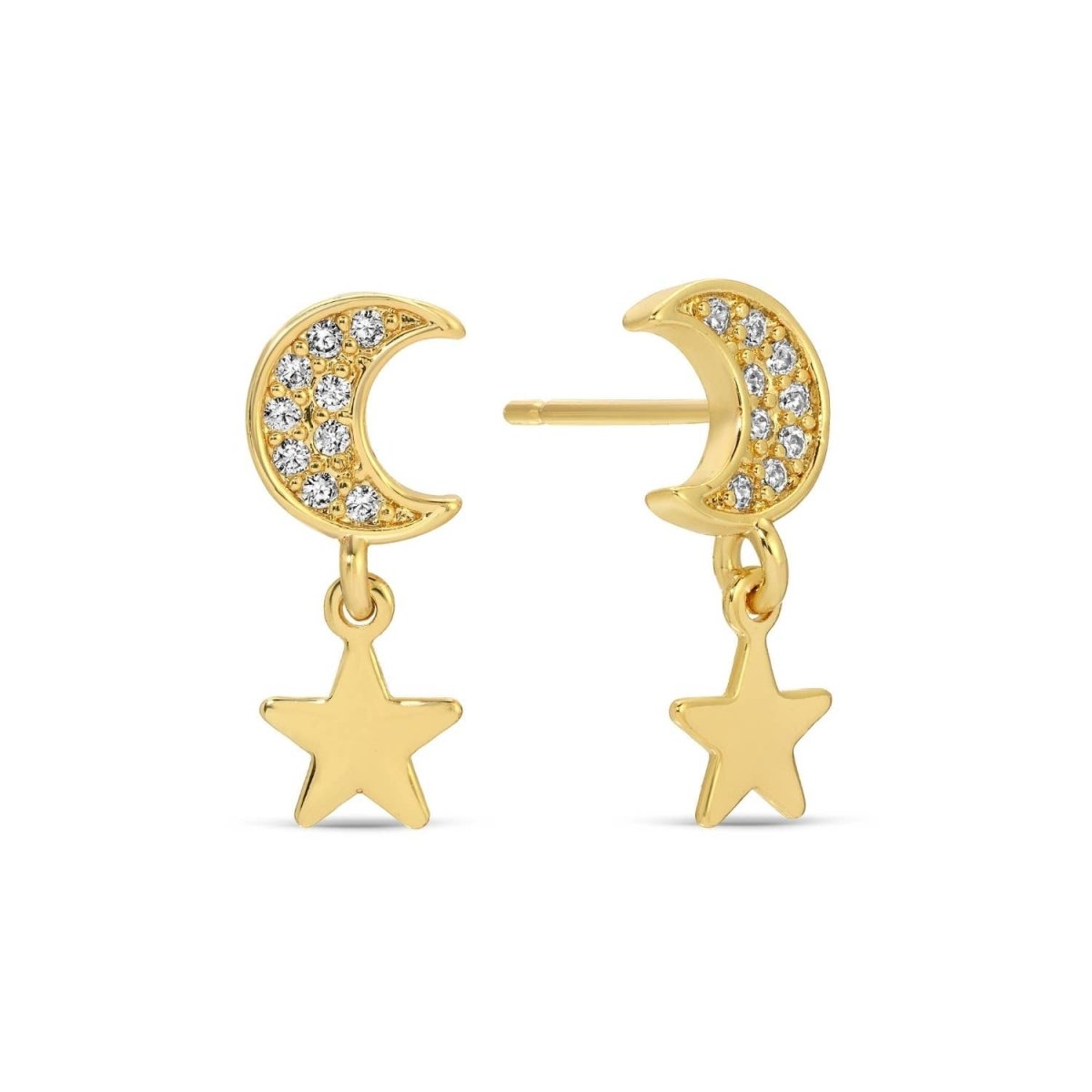 To The Moon & Stars Gold Studs with Pave Moon Design
