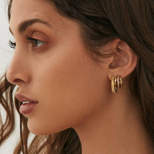 Triptych Triple Gold Pave Hoops Earrings by Elizabeth Stone Jewelry