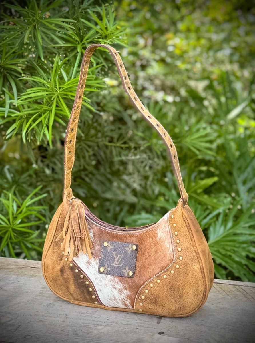Upcycled LV Cowhide Leather Shoulder Satchel Bag Western