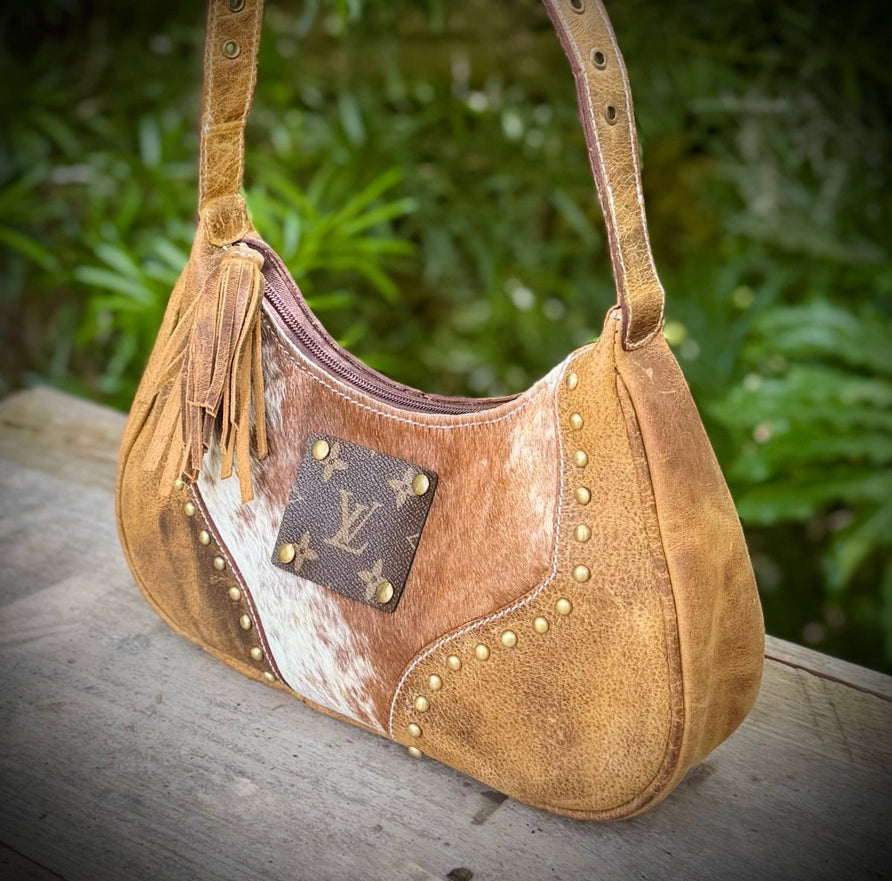 Upcycled LV Cowhide Leather Shoulder Satchel Bag Western