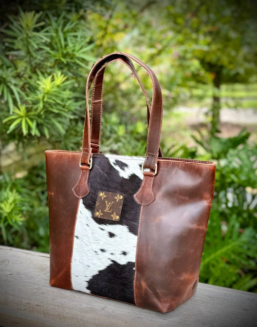 Upcycled LV Cowhide Leather Tote Shoulder Bag Western