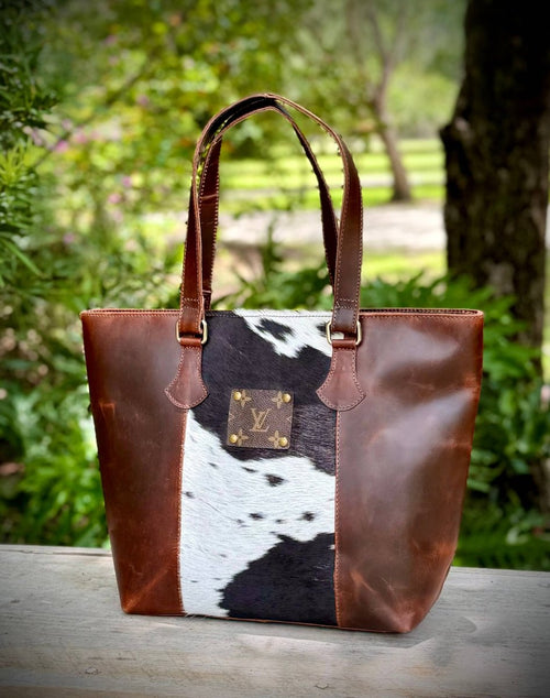 Upcycled LV Cowhide Leather Tote Shoulder Bag Western