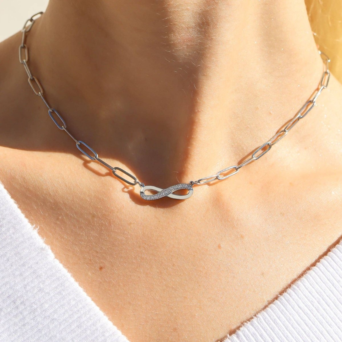 Waterproof Stainless Steel Stone "Infinity" Paperclip Chain Necklace
