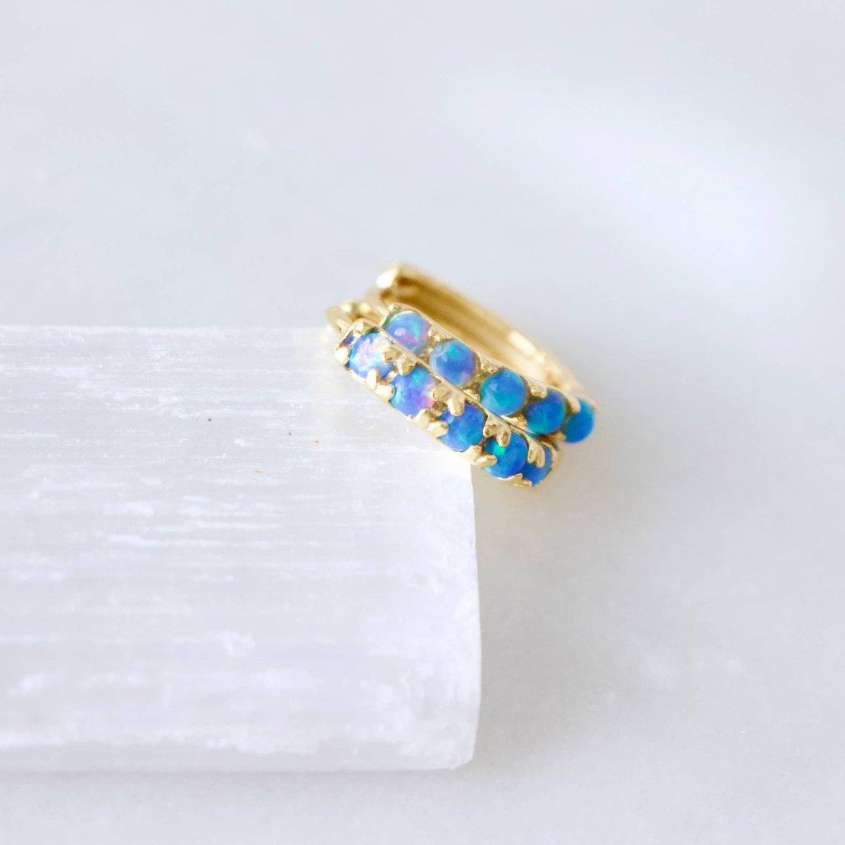 Whimsical Blue Opal Huggie Hoop Earrings Hypoallergenic Style