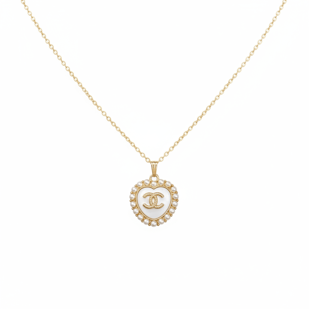 White and Gold Heart CC Emblem Necklace