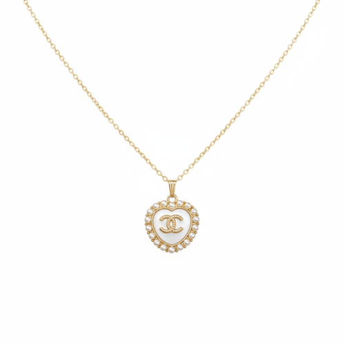 White and Gold Heart CC Emblem Necklace