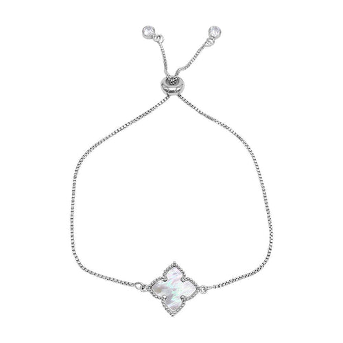 White Mother of Pearl Flower Adjustable Bolo Bracelet silver by Adornia