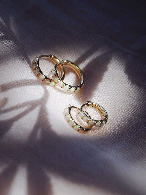 White Opal Huggie Hoop Earrings - Ipolani: Size 2 - 12mm