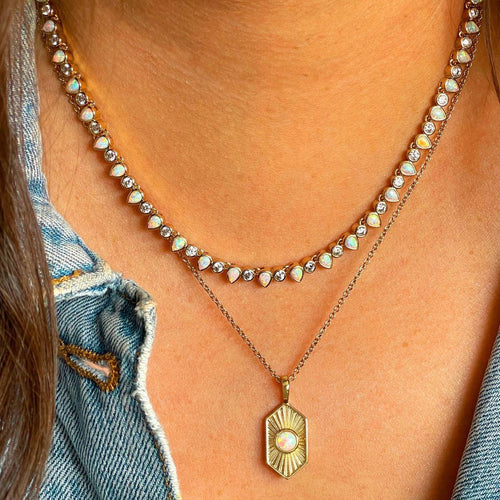 White Opal Radiant Hexagon Pendant