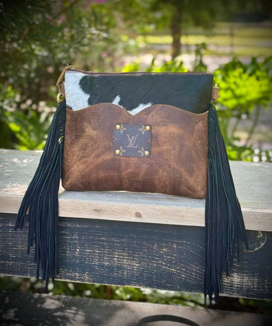 Willa Western Upcycled Cowhide Leather Fringe Crosssbody Bag 